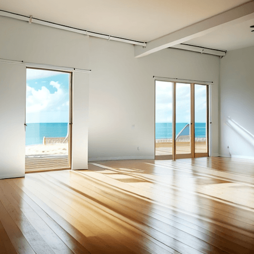 AI generated: Image of a completely empty room with a wood floor leading away from the viewer towards a open wide ...