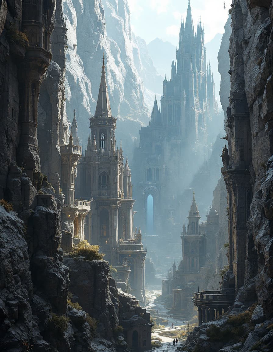 AI generated: stunning city of stone inside a gray granite canyon, fusion of star wars and gothic revival architec...