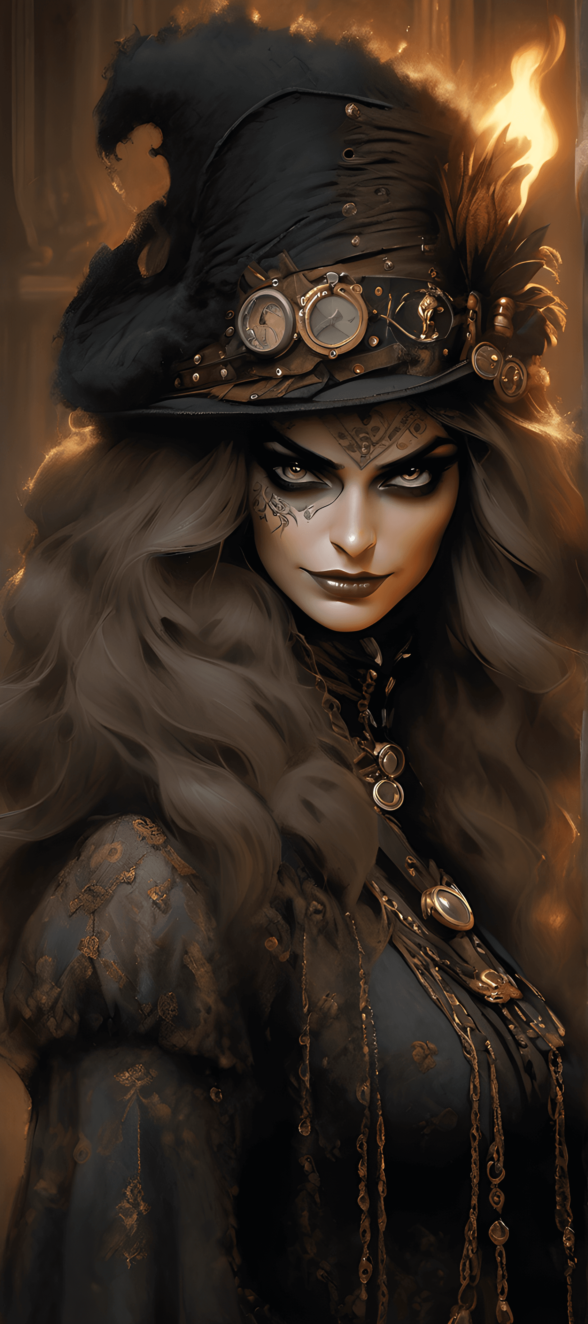 AI generated: Full height photoshoot of fem fatale gloomy and villain, centered portrait, Particles even not exist...