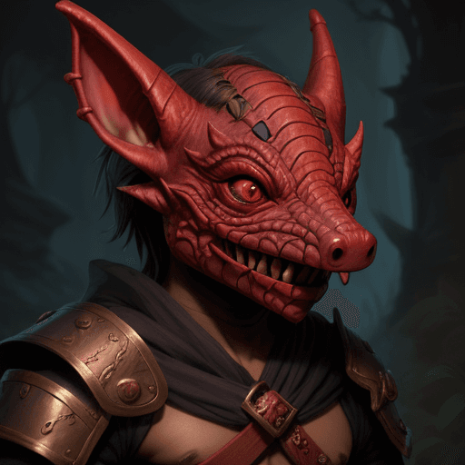 AI generated: Fantasy, DND, kobold, male, red skin, red eyes, wearing mask, messy, 
