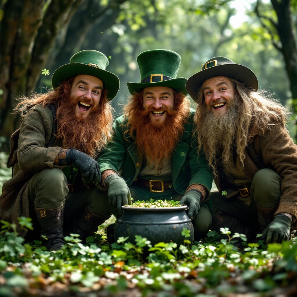 AI generated: three leprechaun hunters incredibly elated after fulfilling their lifelong mission of catching a lep...