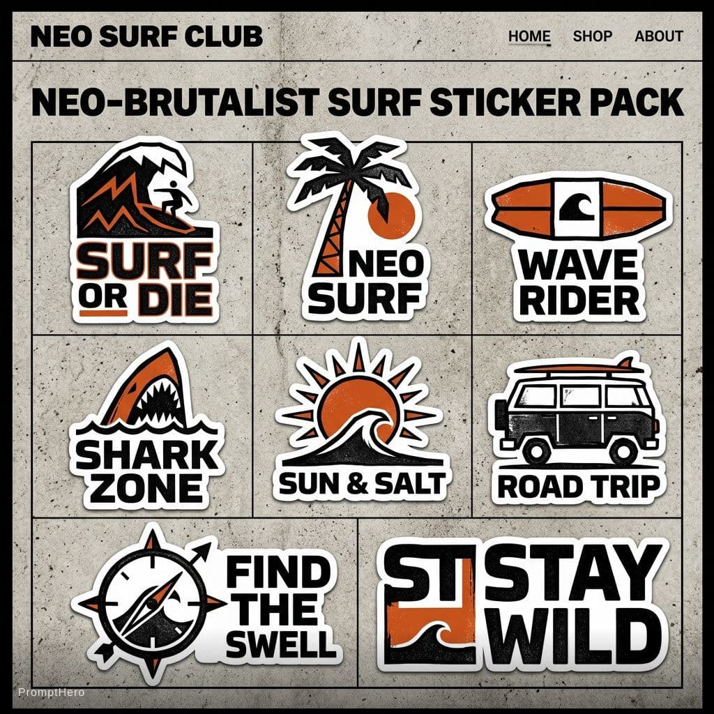 AI generated: Neo brutalist surf-themed sticker pack for in a neo-brutalist website. accent color: #D4501F
