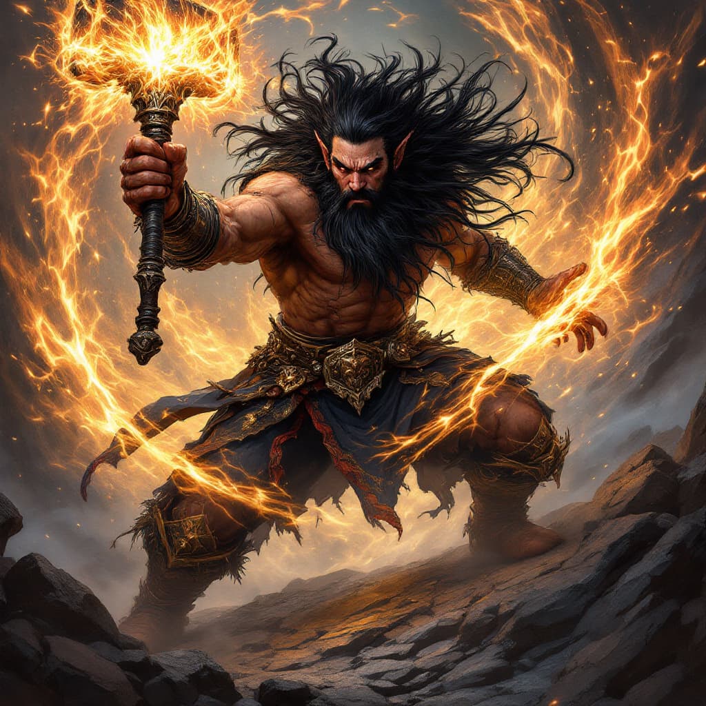 AI generated: an epic image of the black-haired Dwarf sorcerer Demi-God with hammer, casting a magic spell. Epic f...