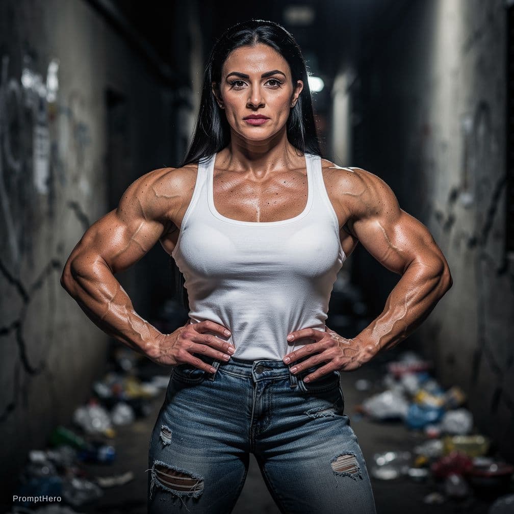 AI generated: Hyperrealistic art sharp focus, detailed edges, beautiful woman face, A perfect photo of a muscular ...