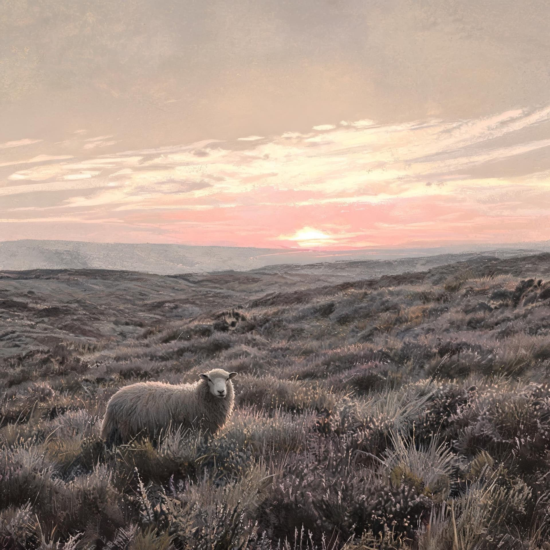 AI generated: A single, sheep standing on a windswept moor, partially buried in heather. The scene is rendered in ...