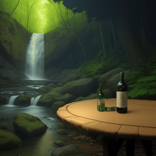 AI generated: There is a bottle on the table, and in the bottle is a forest with a waterfall.
