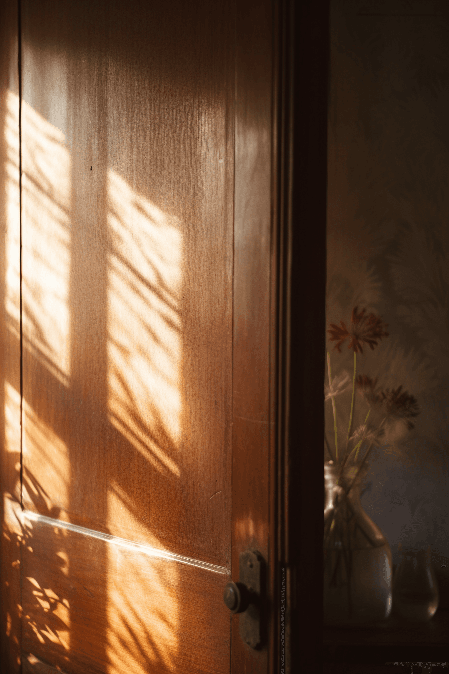 AI generated: A closeup of the wooden door, bathed in soft light from an open window, with delicate shadows cast o...