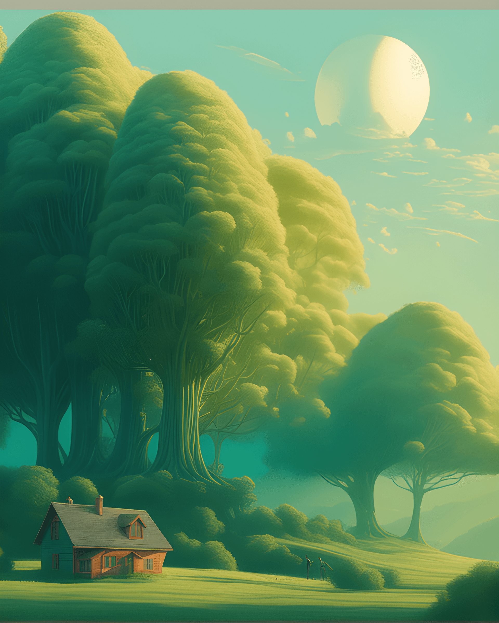 AI generated: there is a house in the middle of a field with trees, made of tree and fantasy valley, lush alien la...