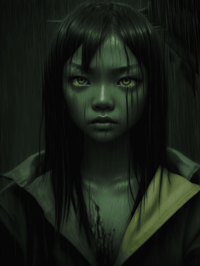 AI generated: dramatic shot green eye asian girl, wet hair, bloody, rainy, green yellow neons, big close up,