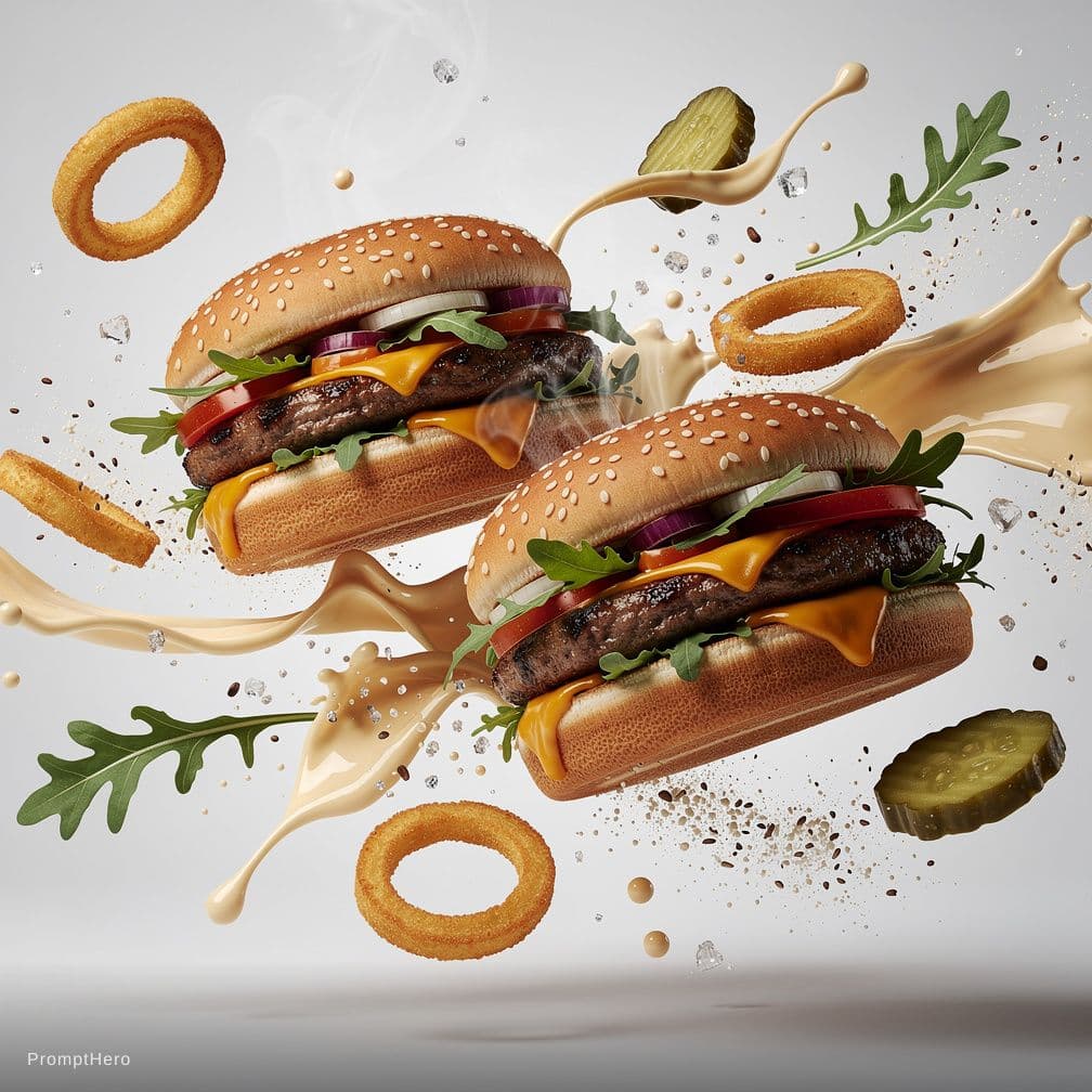 AI generated: Flying food photography featuring two gourmet burgers as the main subject.
Dynamic composition with ...