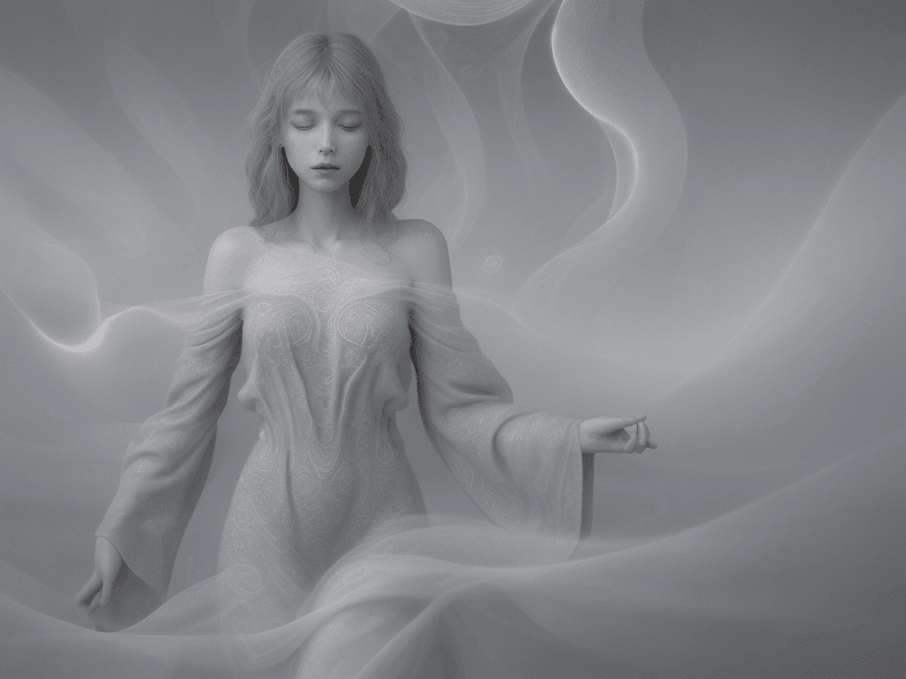 AI generated: The background of the image is a soft, muted grey, with delicate, swirling patterns that seem to evo...