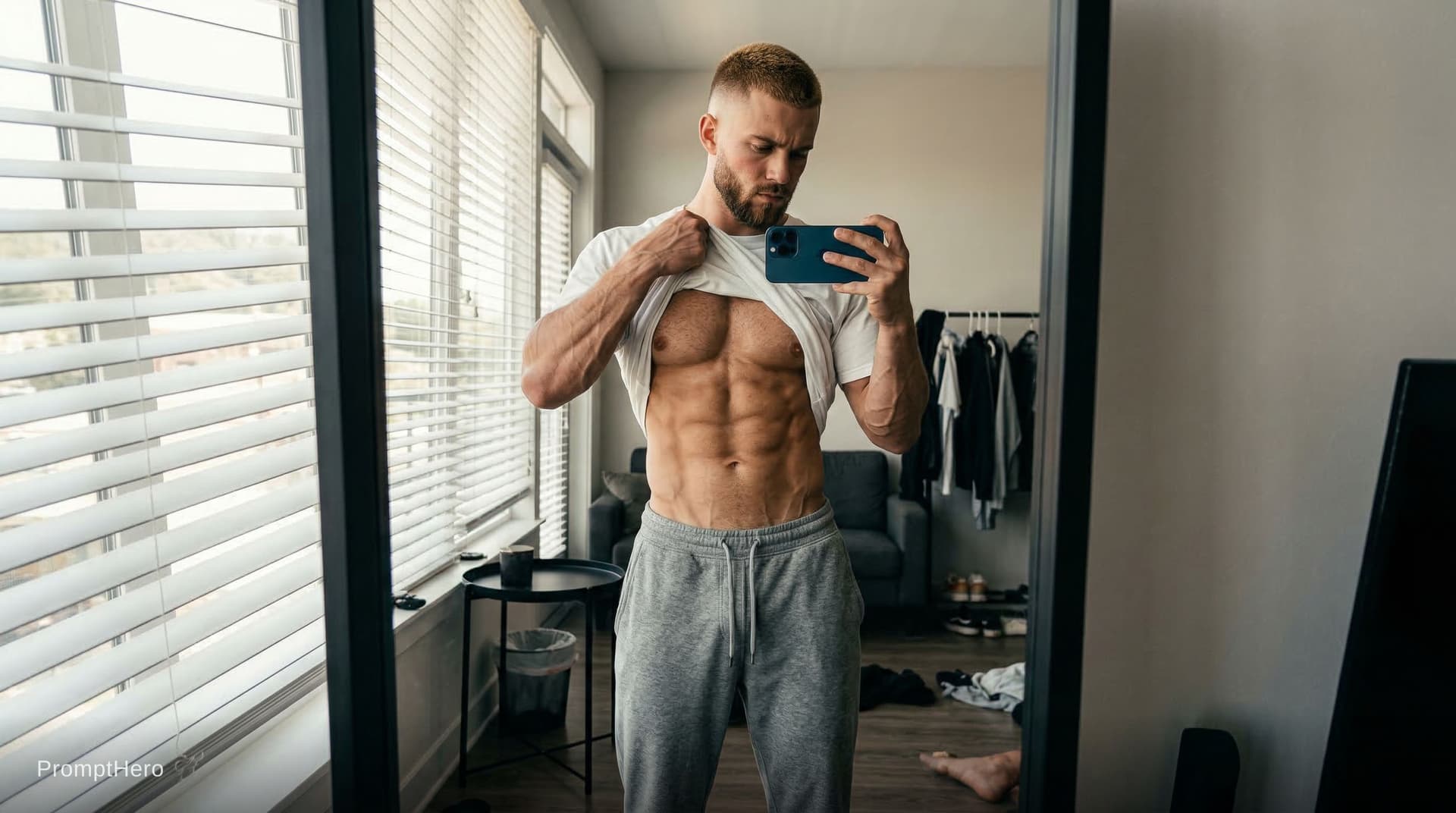 AI generated: Photorealistic full-body mirror selfie of a very muscular, lean and shredded young man in his early ...