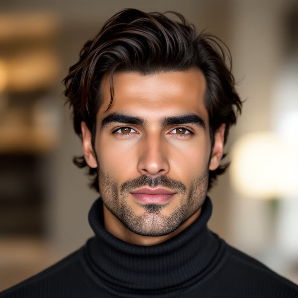 AI generated: Elegant portrait of a 30-year-old Middle Eastern man, wavy medium-length hair pushed back, golden br...