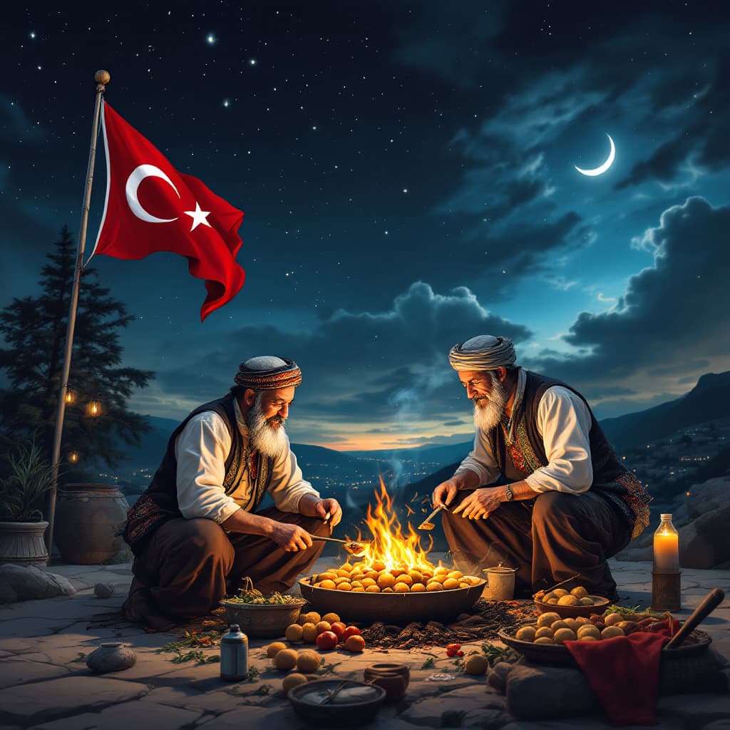 AI generated: A regional night in Anatolia, Turkiye. Detailed. Crescent moon in the sky. A Turkish flag in the bac...
