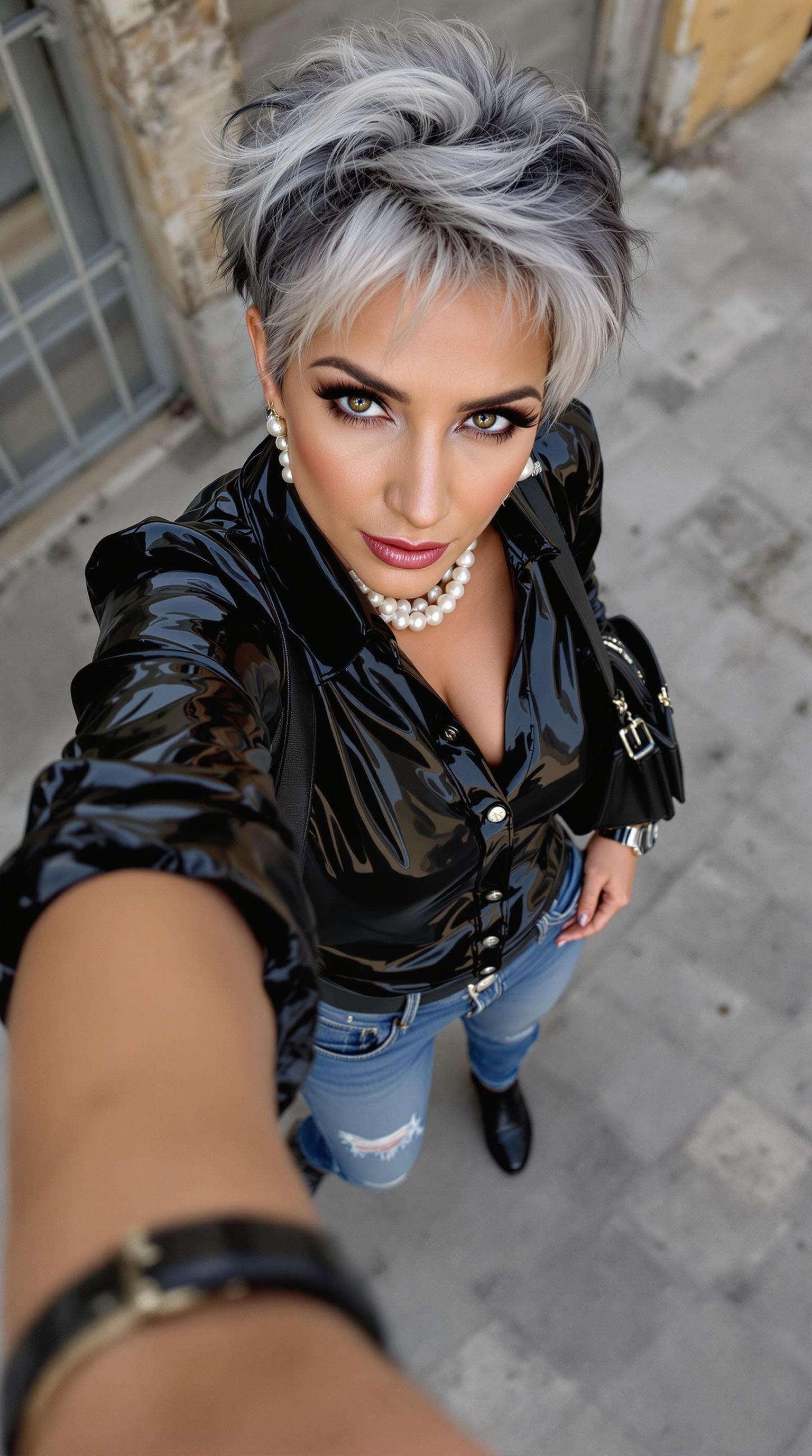 AI generated: Low angle Closeup Overhead selfie shot of a towering, beautiful, sultry, seductive, Israeli sexxy 60...
