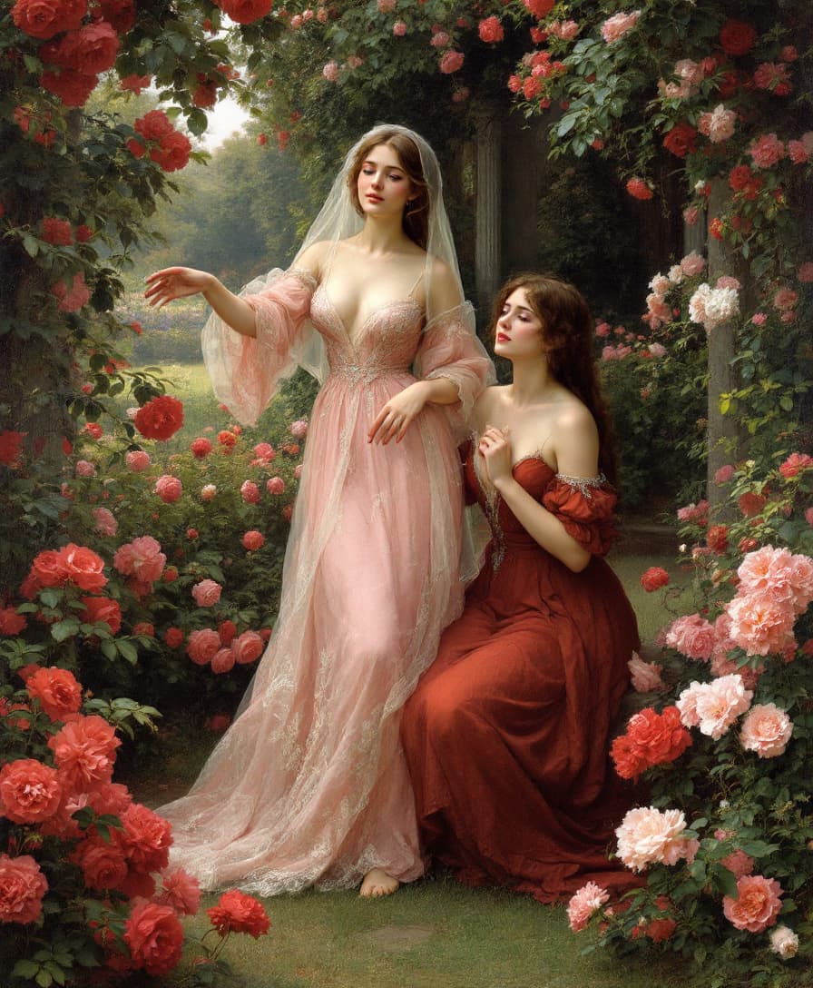 AI generated: Recrie a pintura 'O Jardim Encantado' de John William Waterhouse, retratando duas mulheres em um jar...