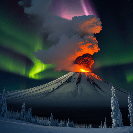 AI generated: Hyper realistic photo of volcano erupting, in snowy northern landscape, aurora borealis, wide image,...