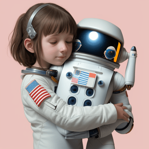 AI generated:  an astronaut girl and her small robot friend 
hugging
 
