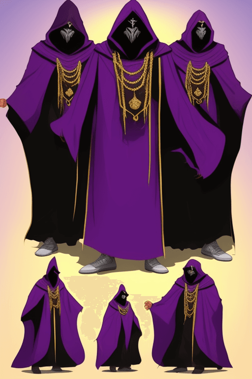 AI generated: Shadow wizard money gang, in purple cloak hood, dark face, gold chains and jewellery