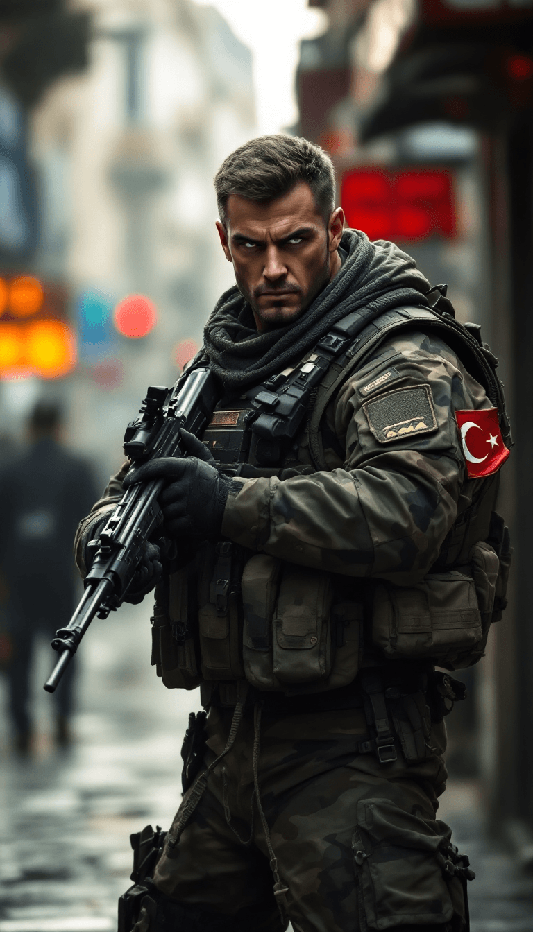 AI generated: /imagine prompt: A fierce, modern Turkish soldier dressed in advanced military tactical gear, with c...