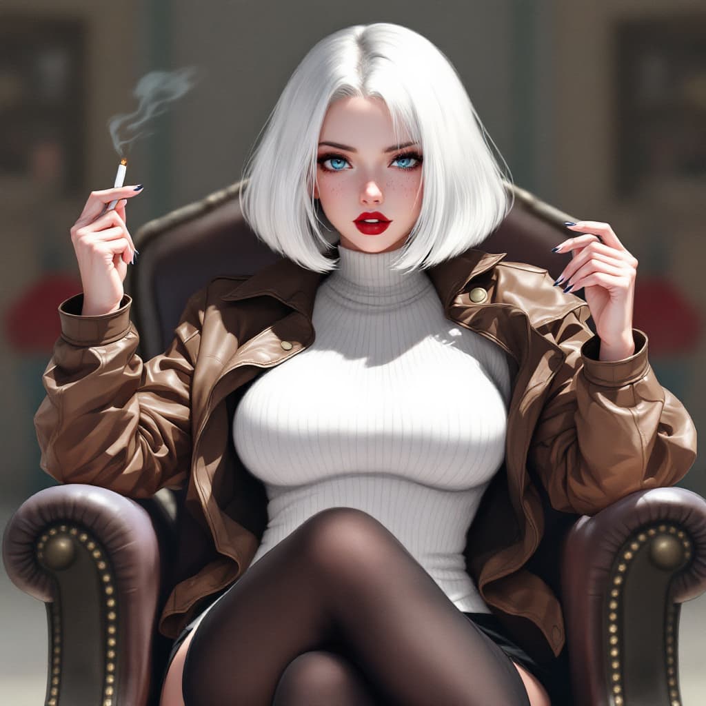 AI generated: anime, woman, white hair, bob cut, blue eyes, freckles, red lips, closed lips, white sweater, tight ...