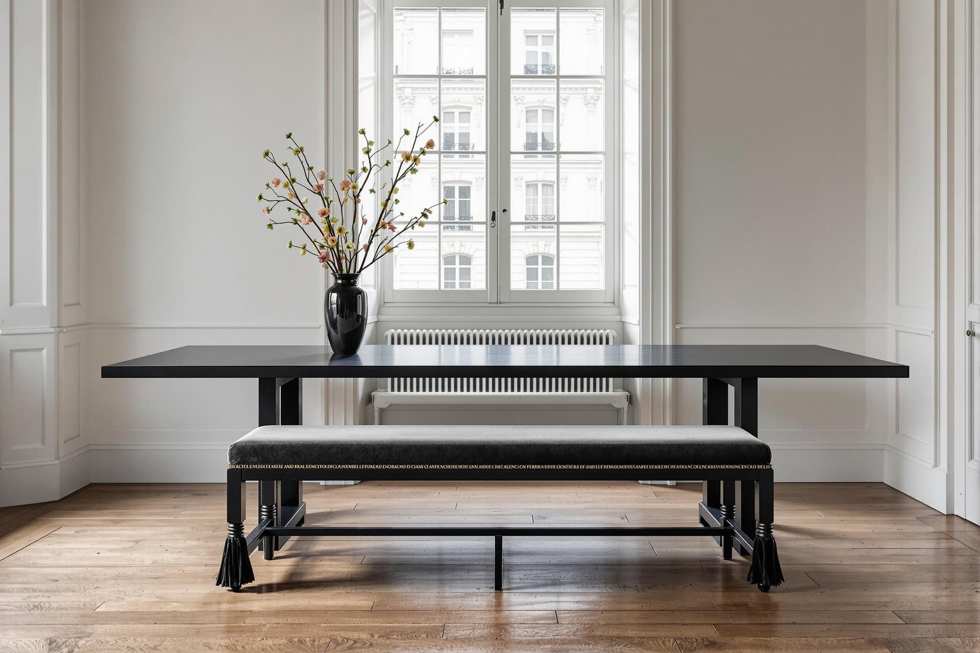 AI generated: 
Perspective view of A black wood dining bench with velvet cushion and leather twisted tassels on th...