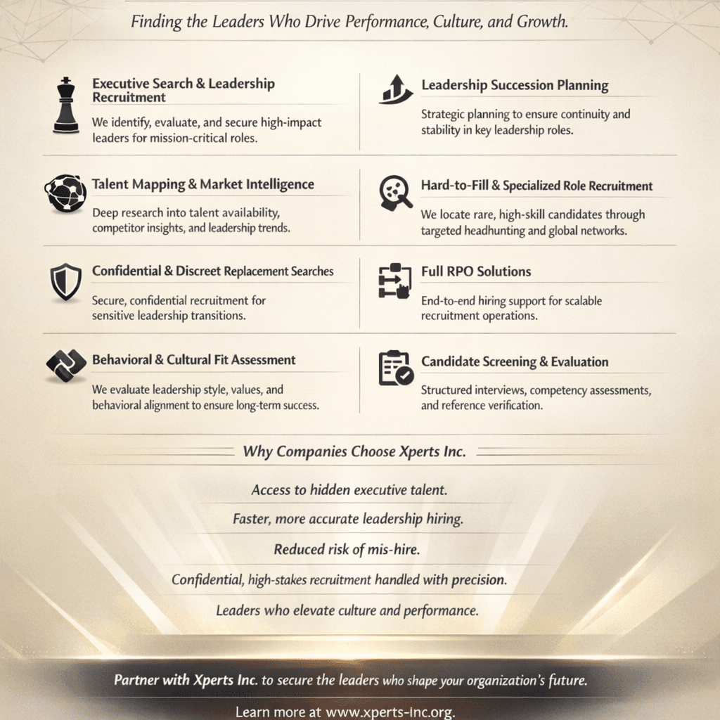 AI generated: Design a modern, corporate, visually dramatic flyer promoting Xperts Inc., an elite executive search...