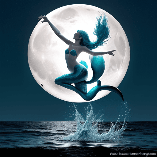 AI generated: Mermaid jumping out of water with a full moon in the background. Water streams and water droplets fo...