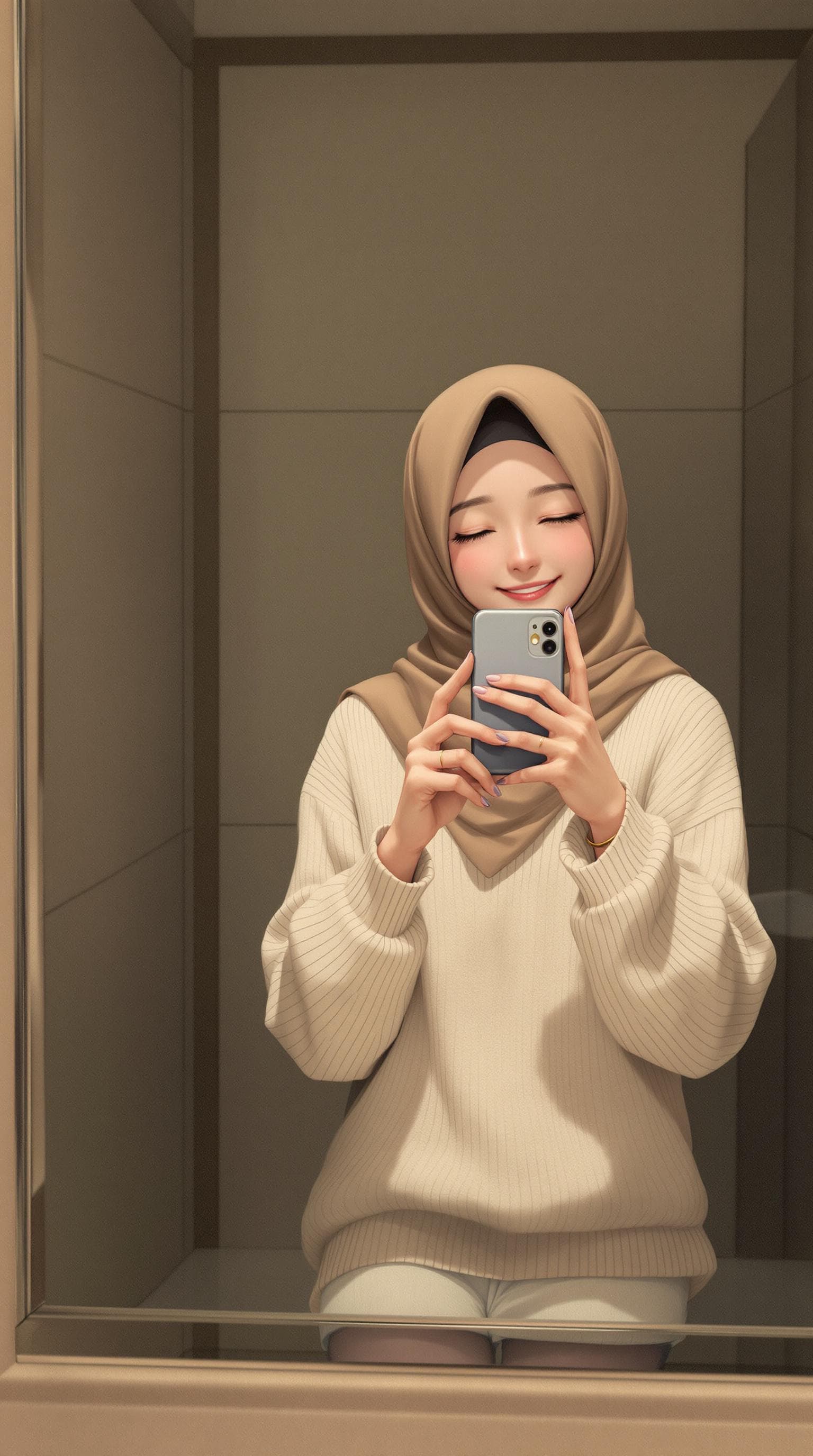 AI generated: anime, 1girl, wearing a hijab smiles, mirror selfie. She is wearing a white sweater and a beige hija...