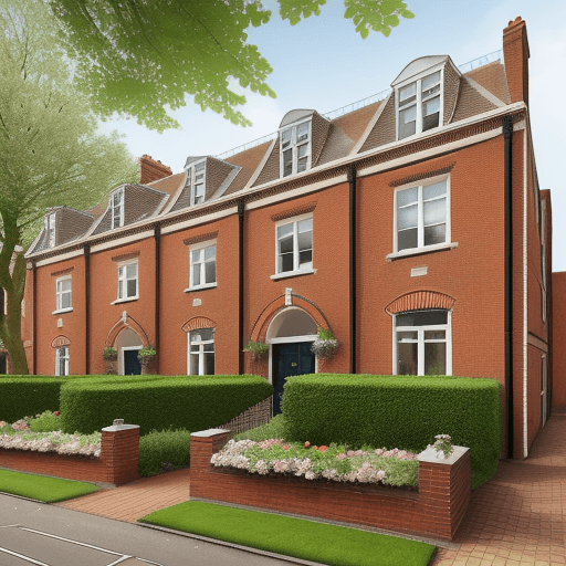 AI generated: A 1920s brick built 2 story council apartment building in Portsmouth, UK. With a small garden outsid...
