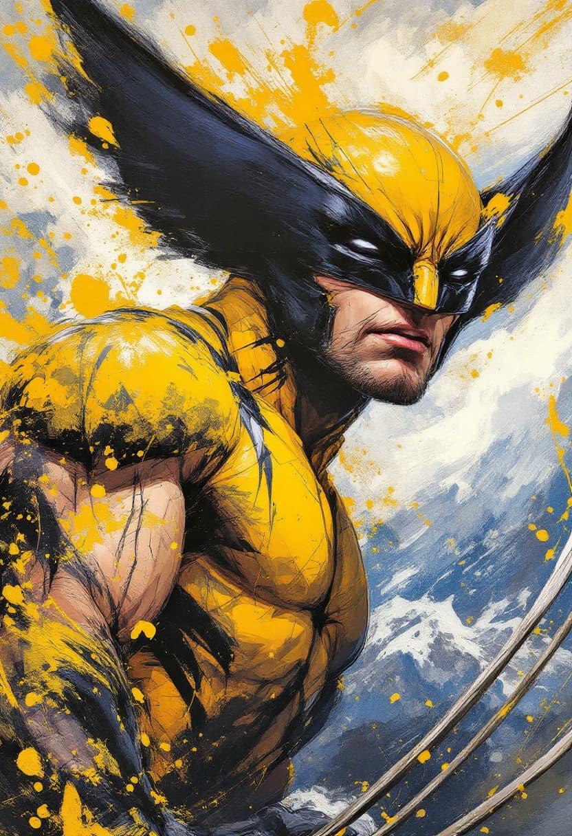 AI generated: 45 degree angled portrait. Dynamic pose. Wolverine, masked, in yellow. Battle scars. Art Nouveau. Ne...
