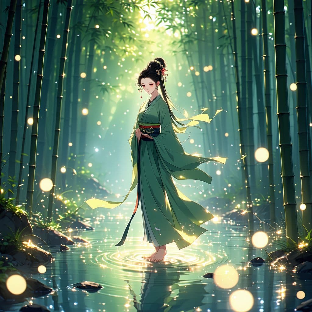 AI generated: Full body view Elegant anime woman in a flowing kimono, barefoot (((show foot)) standing in a bamboo...