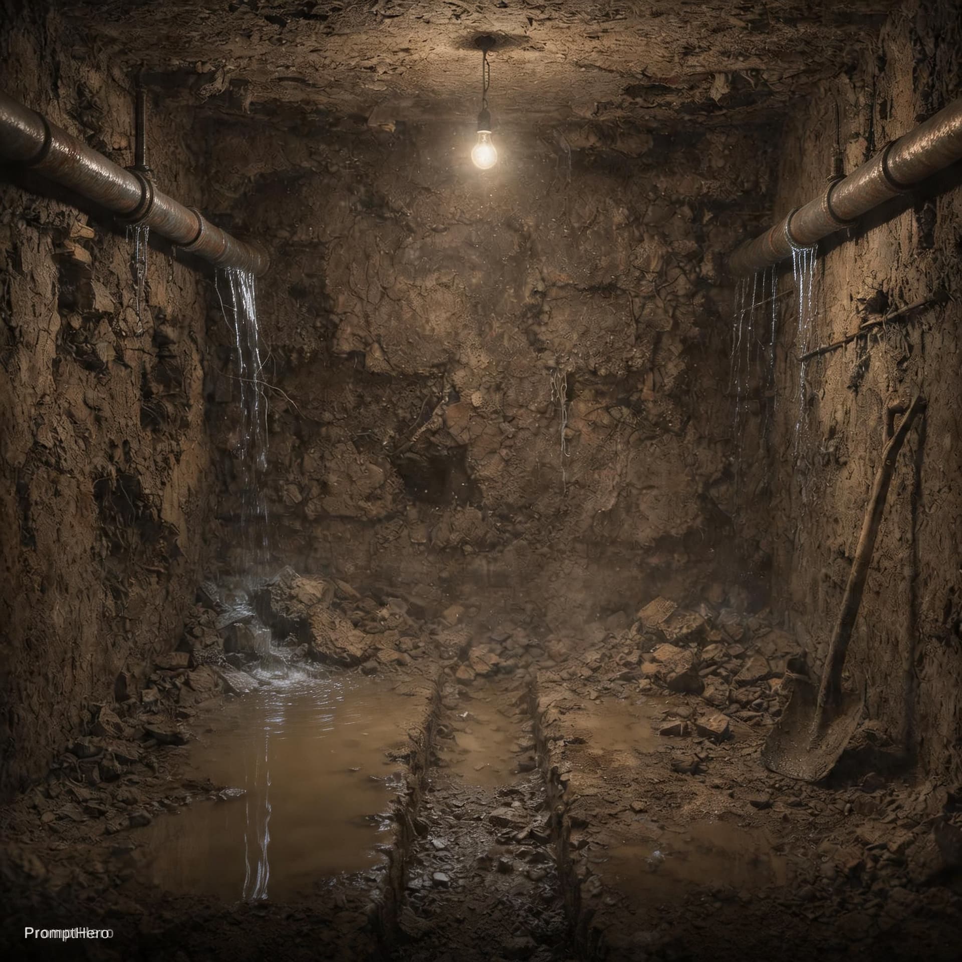 AI generated: abandoned underground bunker room, cracked concrete walls, broken pipes leaking water, muddy floor, ...