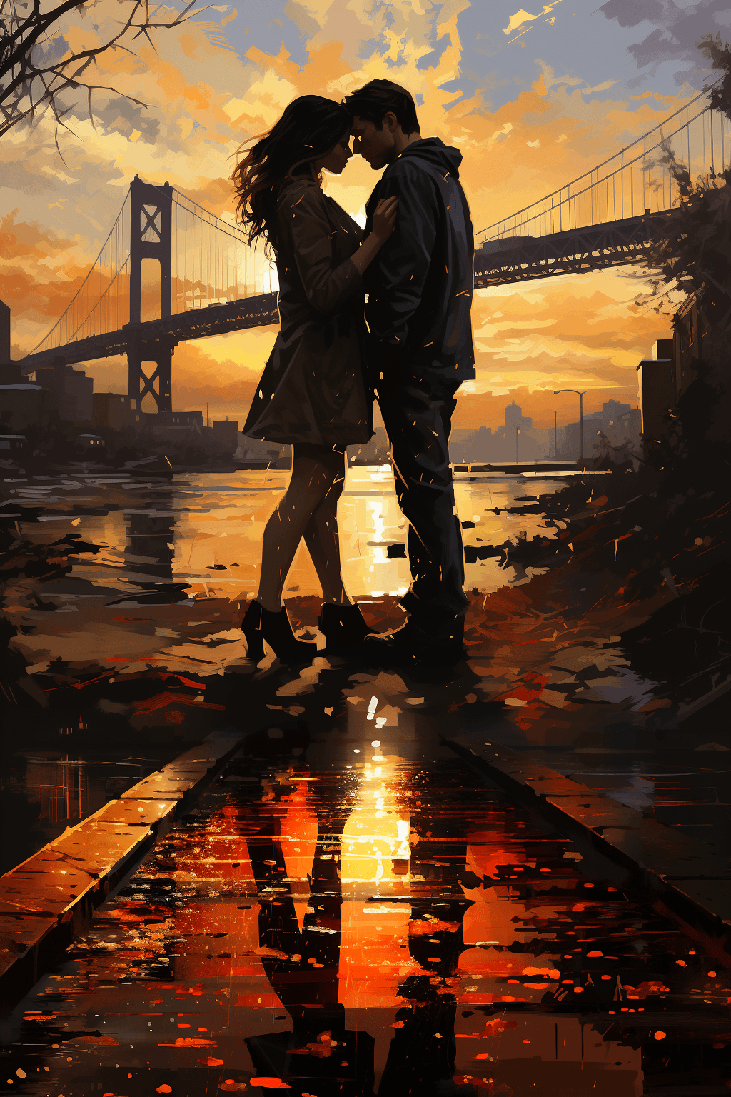 AI generated: ((masterpiece)), (best quality), (detailed), modern bridge, sunrise, couple kissing, peaceful ambian...