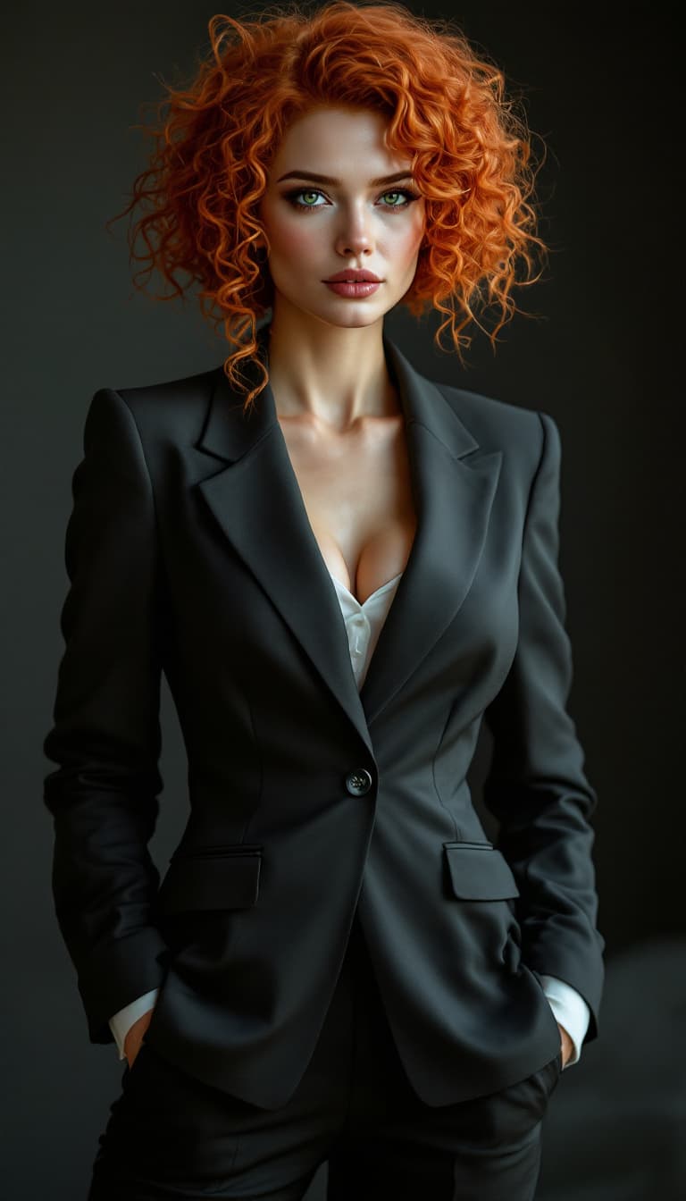 AI generated: hyper realistic full-size woman with orange curly hair and green eyes wearing a suit