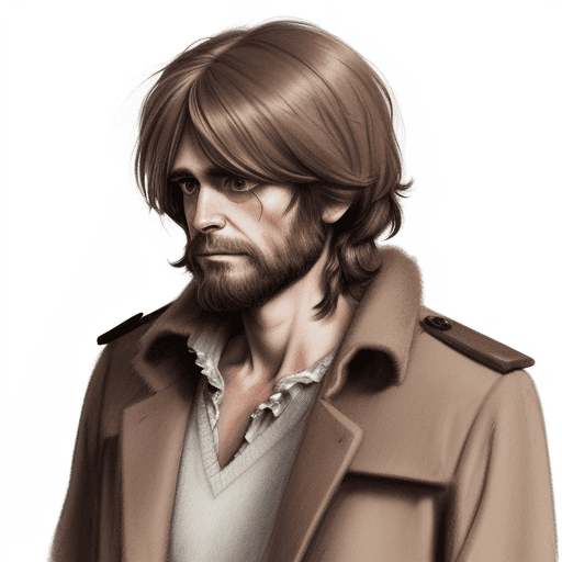 AI generated: pencil sketch of a shaggy shoulder length hair, brown coat, dead looking, fungus sprouting, man