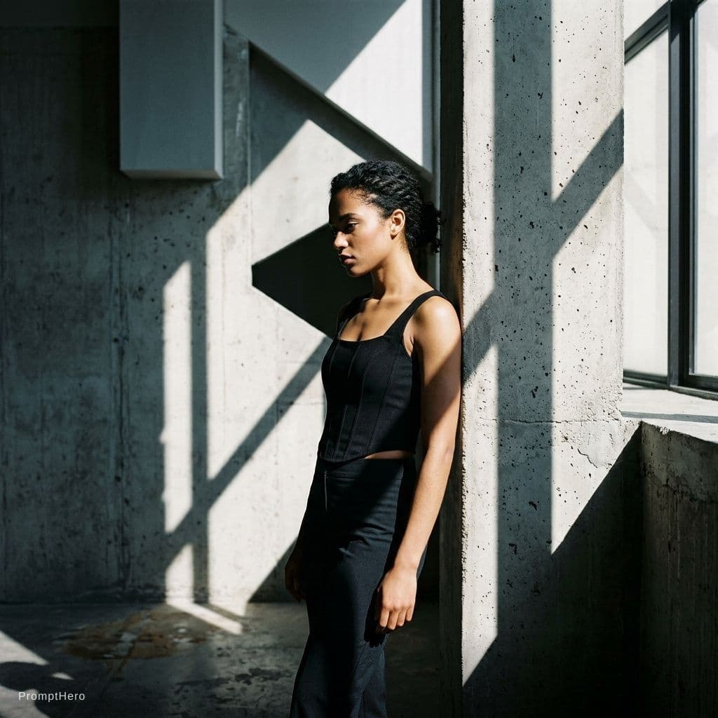 AI generated: high-resolution photograph, woman, stunning use of shadows, in the syle of crisp lines and forms,  U...