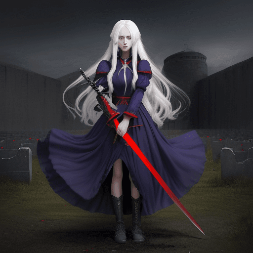 AI generated: a girl with long white hair and blue eyes , a black and red sword in her hands , use war place for b...