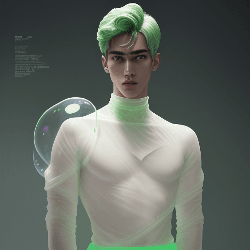 AI generated: well lit fashion shoot portrait of extremely handsome man marble statue wearing light green bubble o...