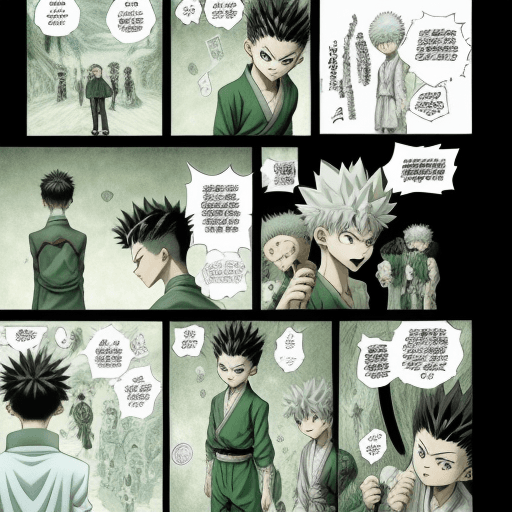 AI generated: pages of various scenes from the comic book Japanese art Hunter x Hunter Gon and Killua  --v 5.2
