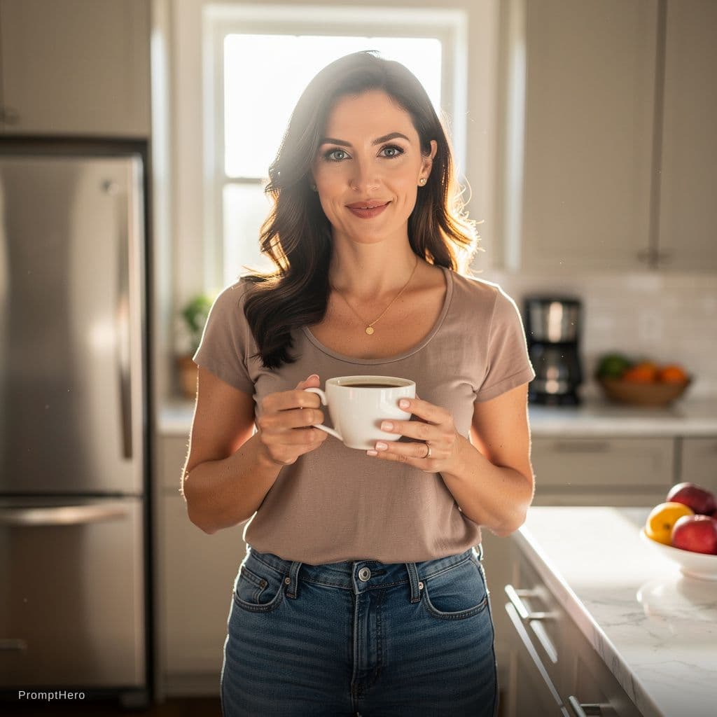 AI generated: Sophia Parker from the game a wife and mother in the kitchen with a cup of coffee