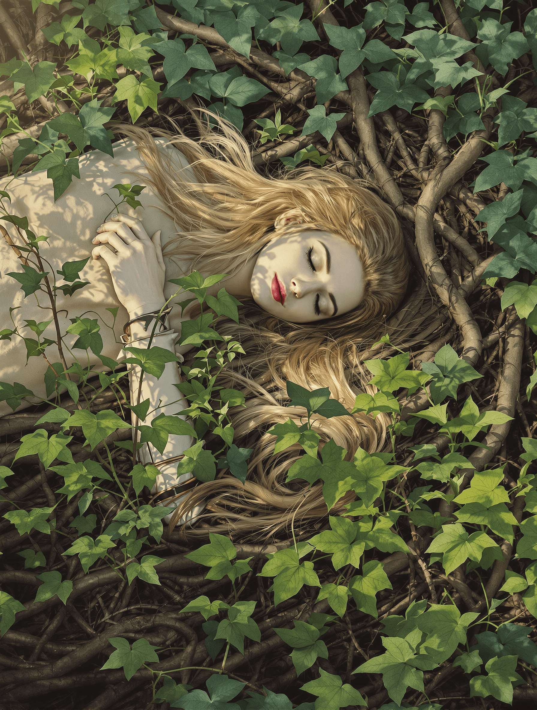 AI generated: Create a beautiful fantasy style image depicting a Knight laying in the roots of the grasses and the...