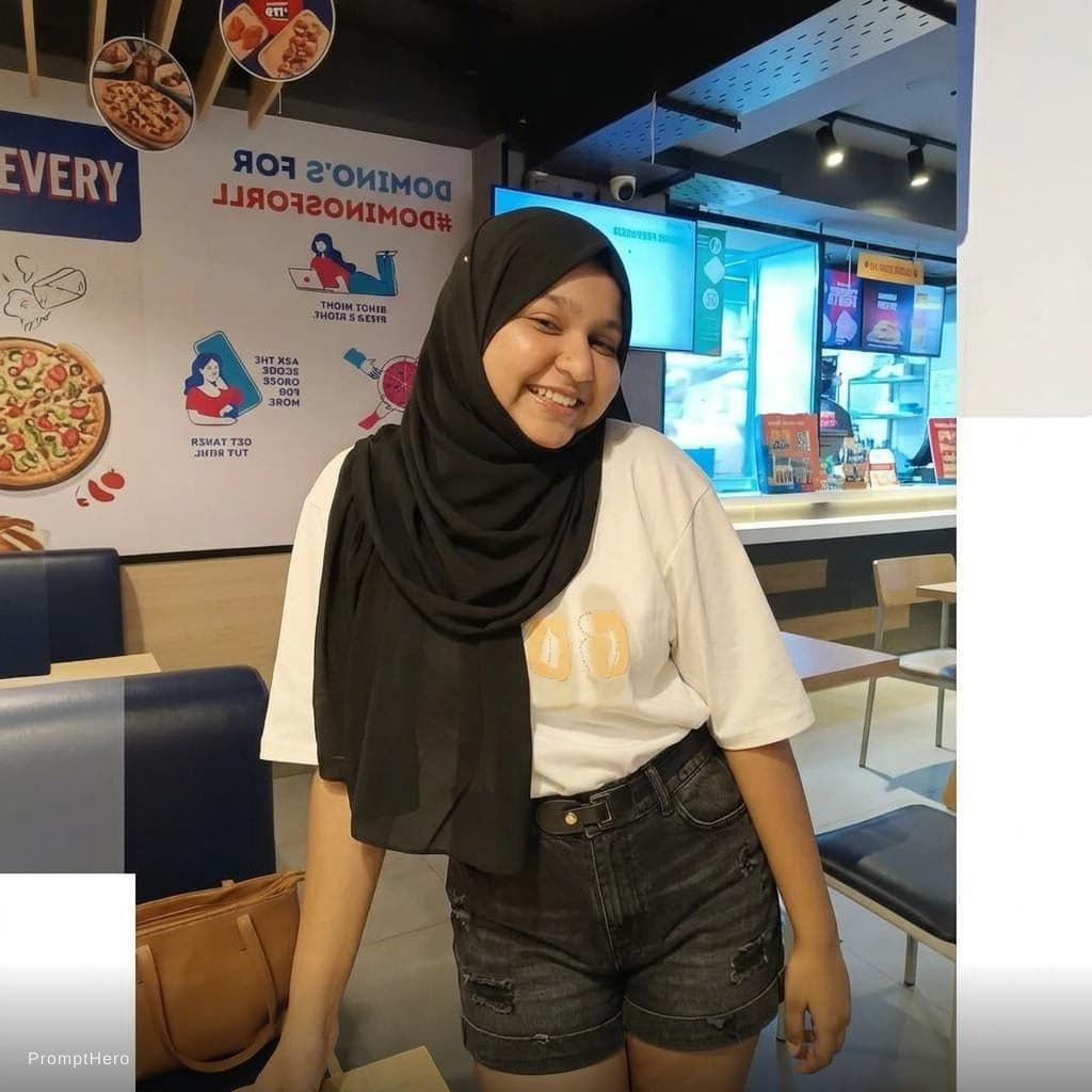 AI generated: Add a shorts western dress. Don't change my face and hizab.