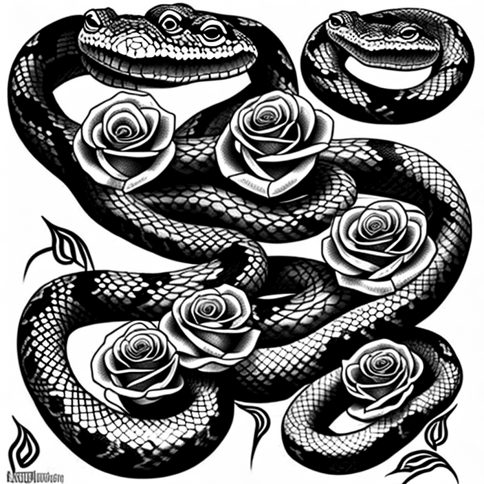 AI generated: snakes, tattoo sketch, smooth transitions, black patterns, more details, more flowers, pions, roses,