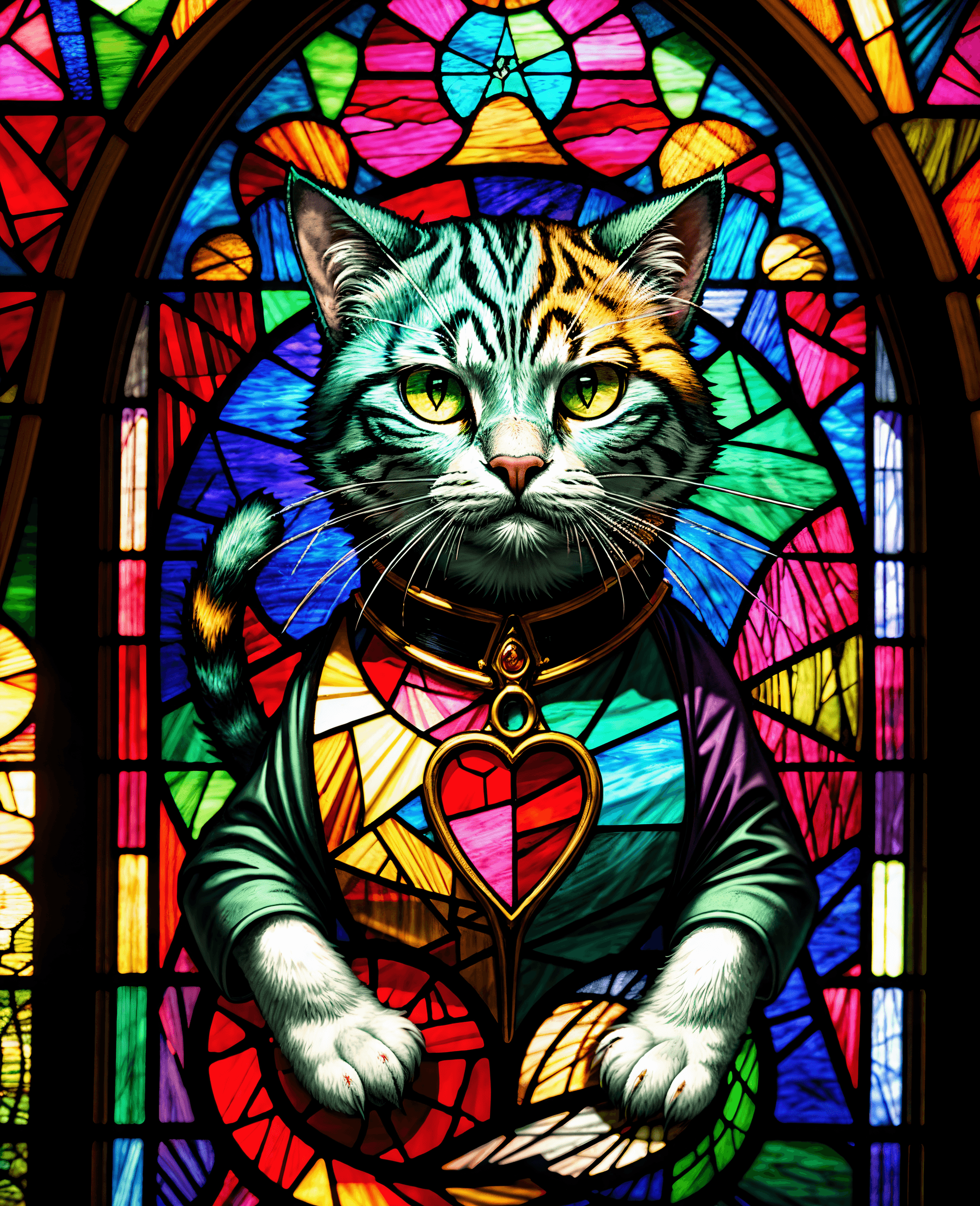 AI generated: Masterpiece, exquisite art, (Stained glass:1.1) Cat Light, very detailed and ornate, glow effects, i...