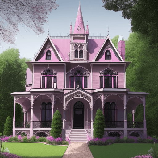 AI generated: A three story Victorian style house, pink with white, black, and deep purple trims, gothic architect...
