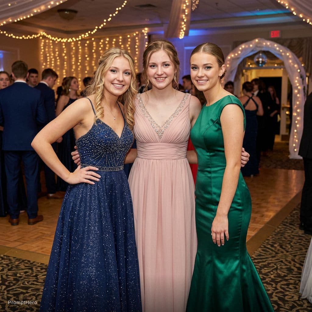 AI generated: three college white girls wearing prom dresses