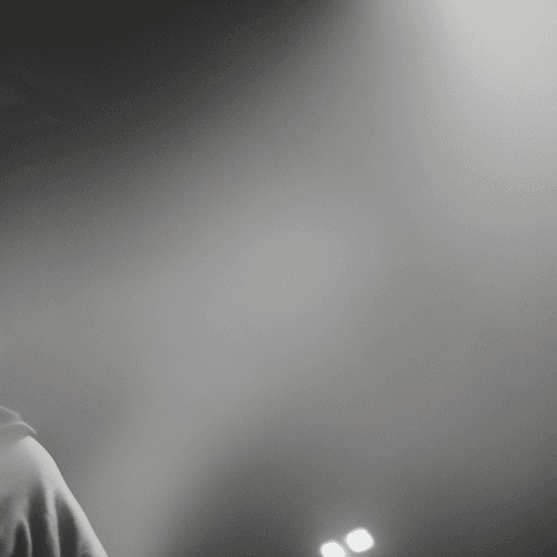 AI generated: black and white photography of rapper in baseball cap emerging from fog on stage during concert, sid...