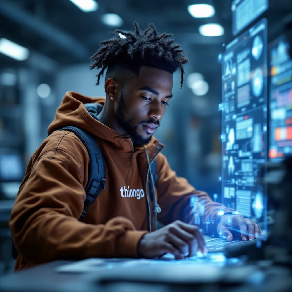 AI generated: Hyperrealistic Photography, A tech-savvy Afican young man dressed in a casual yet futuristic outfit ...