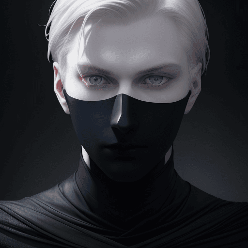 AI generated: close-up portrait of a man with pale skin and striking dark blue eyes, gaze to front, a matte black ...